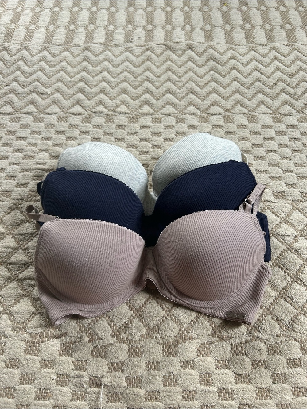 3 Nautica Ribbed Molded Bras in Taupe, gray and Navy Accent